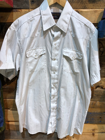 Vintage: Short-sleeve pearl snap button-down by Panhandle Slim made in USA silver/Sz: 17