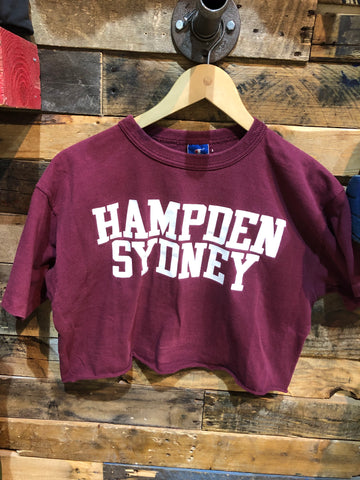 Vintage:  "Hampden Sydney" cropped tee by Champion made in USA maroon/Sz: L