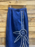 Handmade denim maxi skirt, with frayed flower design on front. #0