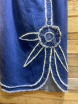 Handmade denim maxi skirt, with frayed flower design on front. #0