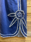 Handmade denim maxi skirt, with frayed flower design on front. #0