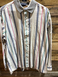 Previously owned Giant Glacier Boy striped button up, with grey collar. #0